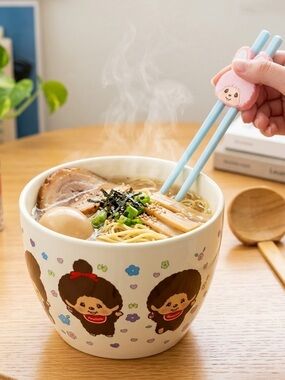 Monchhichi Ceramic Ramen Noodle Bowl 4PC Set W/ Chopsticks Soup Spoon & Holder